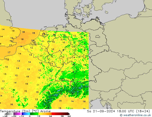 Temperatura (2m) Arome sab 21.09.2024 18 UTC