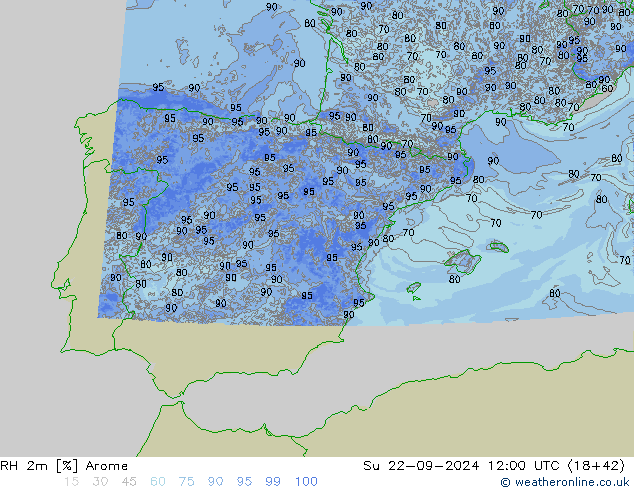 RH 2m Arome Su 22.09.2024 12 UTC