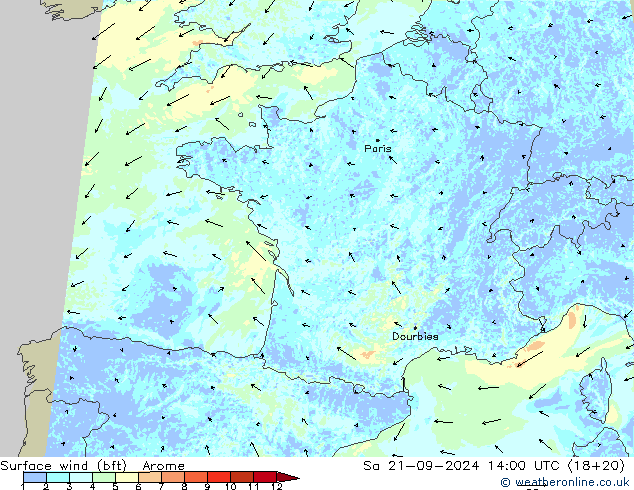 Surface wind (bft) Arome Sa 21.09.2024 14 UTC