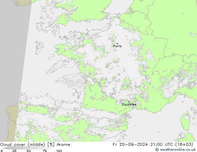 Cloud cover (middle) Arome Fr 20.09.2024 21 UTC