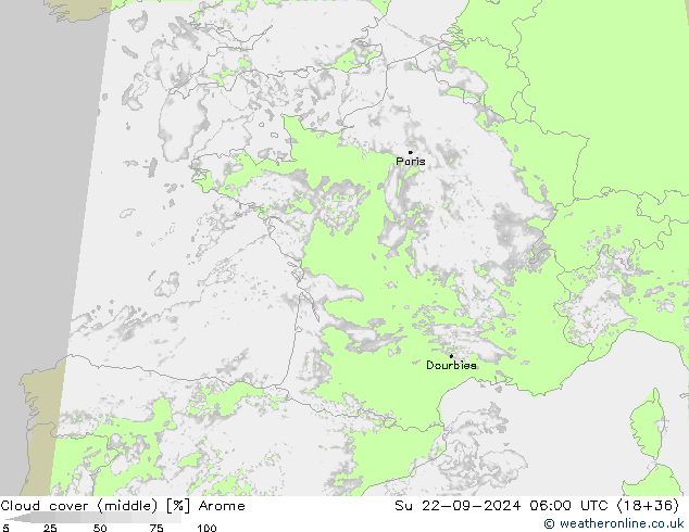 Cloud cover (middle) Arome Su 22.09.2024 06 UTC