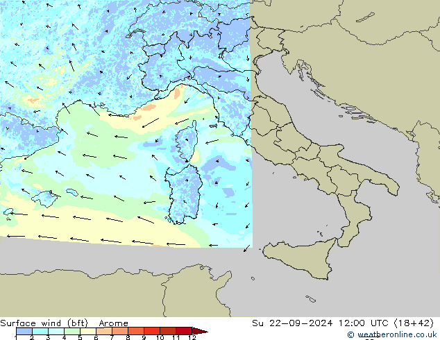 Surface wind (bft) Arome Ne 22.09.2024 12 UTC