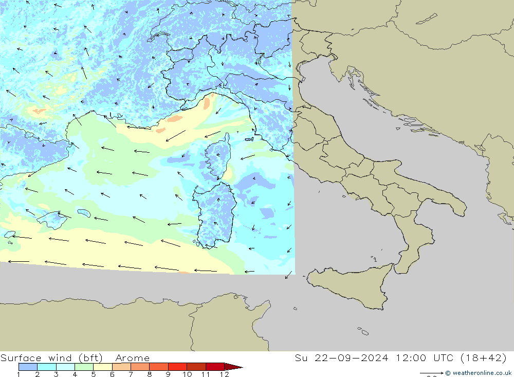 Surface wind (bft) Arome Ne 22.09.2024 12 UTC