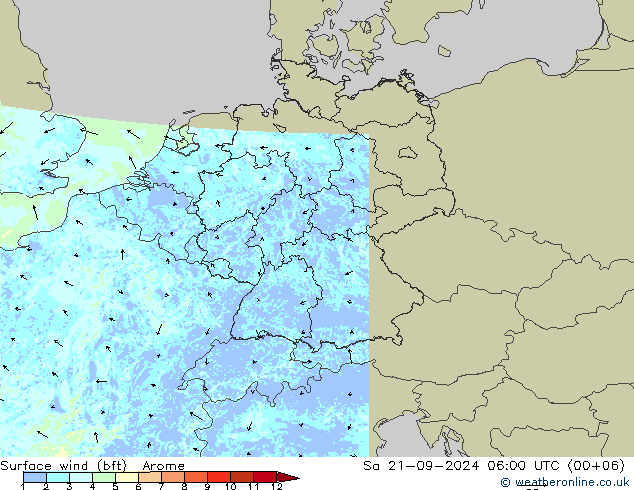 �N 10 米 (bft) Arome 星期六 21.09.2024 06 UTC