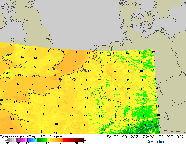 温度图 Arome 星期六 21.09.2024 02 UTC