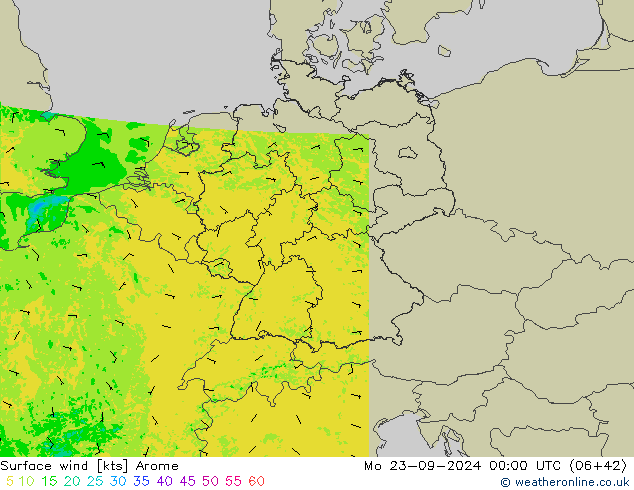 Surface wind Arome Mo 23.09.2024 00 UTC