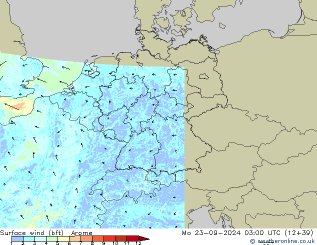 Surface wind (bft) Arome Mo 23.09.2024 03 UTC