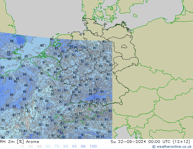 RH 2m Arome 星期日 22.09.2024 00 UTC