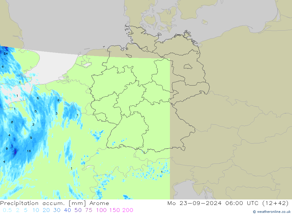 Precipitation accum. Arome 星期一 23.09.2024 06 UTC