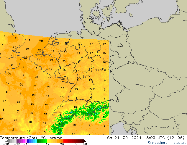 Temperaturkarte (2m) Arome Sa 21.09.2024 18 UTC