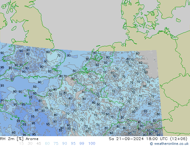 RH 2m Arome 星期六 21.09.2024 18 UTC