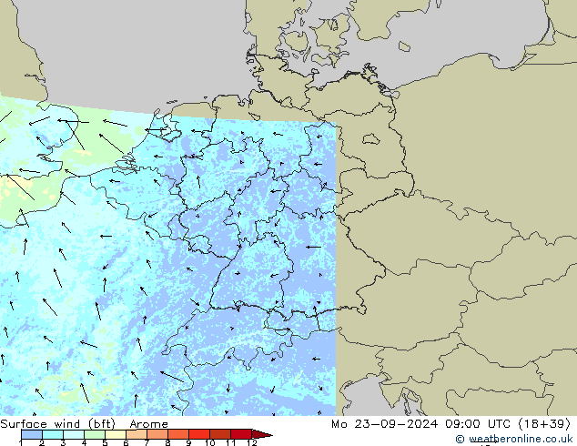 Wind 10 m (bft) Arome ma 23.09.2024 09 UTC