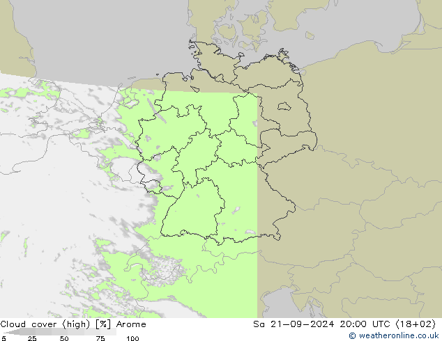 Cloud cover (high) Arome Sa 21.09.2024 20 UTC