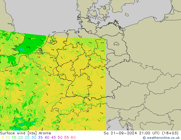 Viento 10 m Arome sáb 21.09.2024 21 UTC