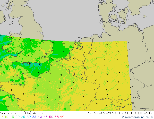 风 10 米 Arome 星期日 22.09.2024 15 UTC