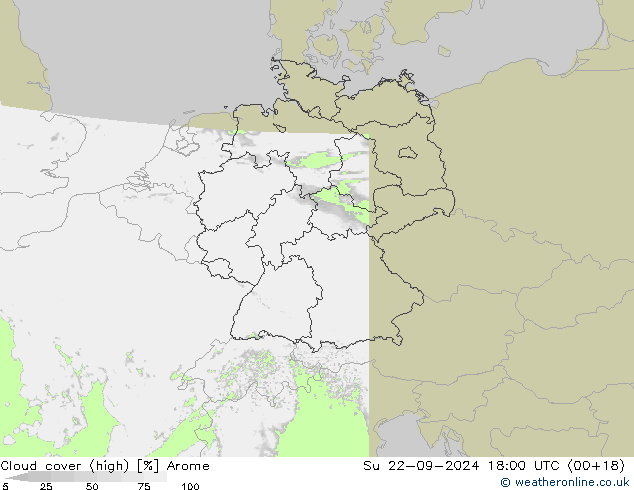 Cloud cover (high) Arome Su 22.09.2024 18 UTC