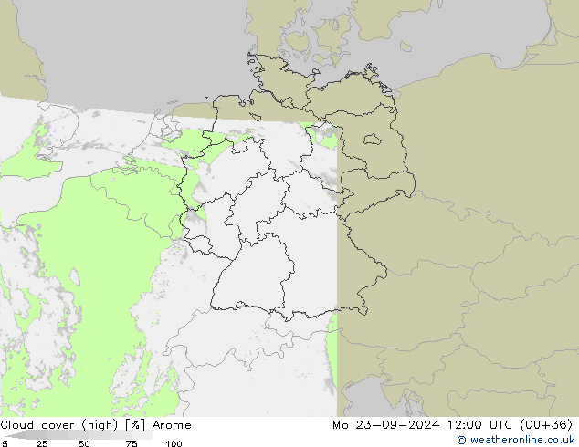 Cloud cover (high) Arome Mo 23.09.2024 12 UTC