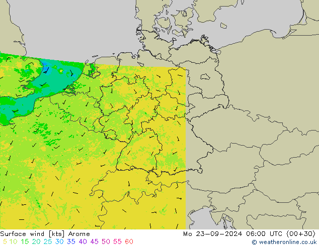 Surface wind Arome Mo 23.09.2024 06 UTC