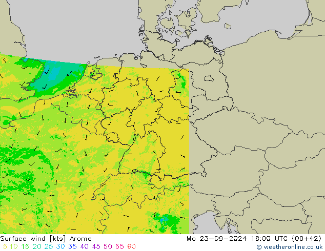 Viento 10 m Arome lun 23.09.2024 18 UTC