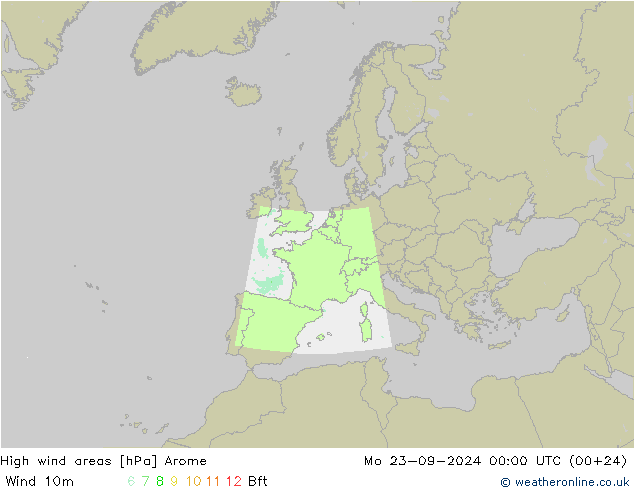 High wind areas Arome Mo 23.09.2024 00 UTC