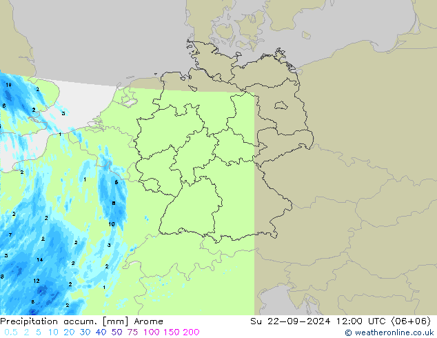 Precipitation accum. Arome Su 22.09.2024 12 UTC