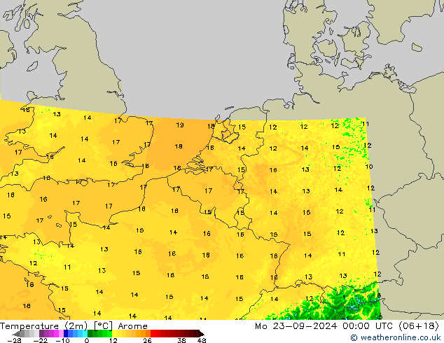 Temperaturkarte (2m) Arome Mo 23.09.2024 00 UTC