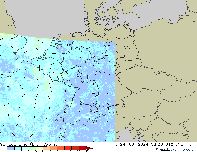 Surface wind (bft) Arome Út 24.09.2024 06 UTC