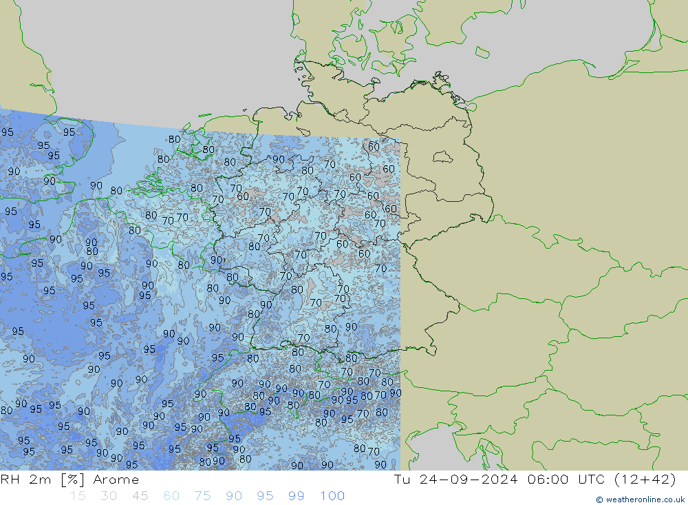 RH 2m Arome Út 24.09.2024 06 UTC