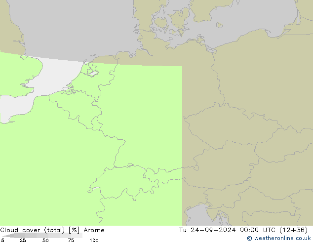 Cloud cover (total) Arome Út 24.09.2024 00 UTC