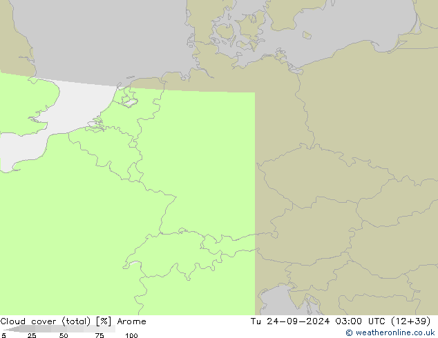 Cloud cover (total) Arome Tu 24.09.2024 03 UTC