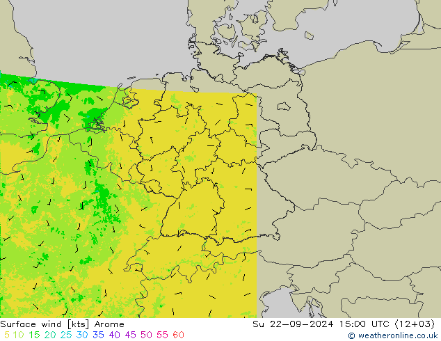 Surface wind Arome Su 22.09.2024 15 UTC