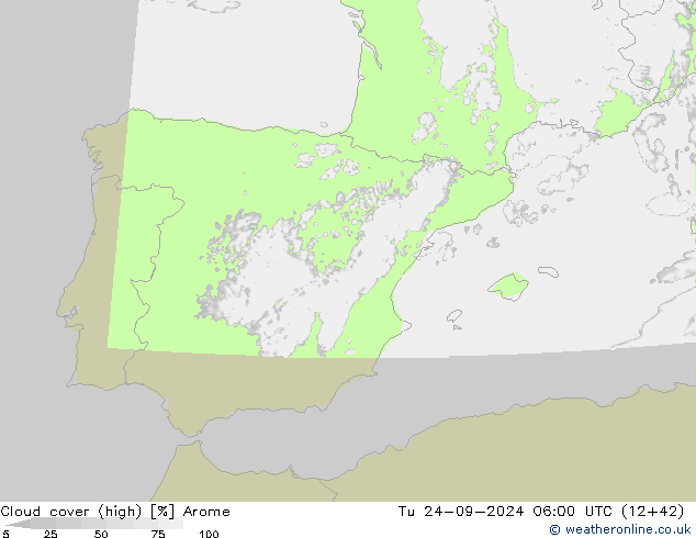 Cloud cover (high) Arome Tu 24.09.2024 06 UTC