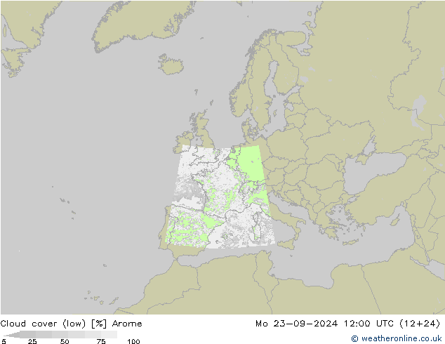 Cloud cover (low) Arome Mo 23.09.2024 12 UTC