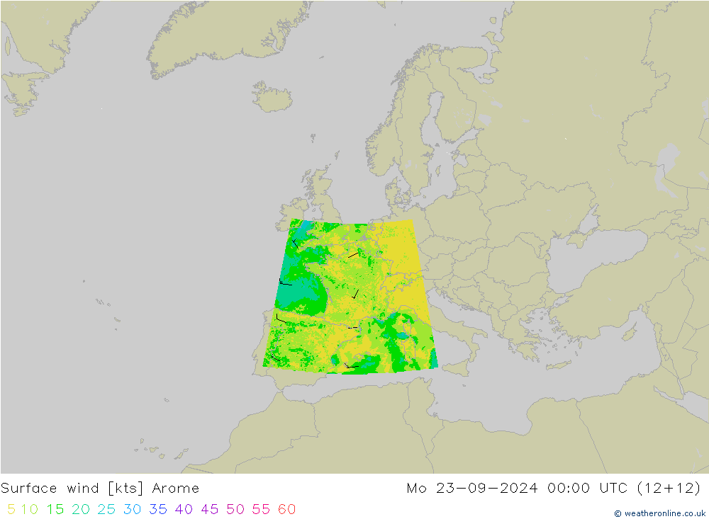 Vent 10 m Arome lun 23.09.2024 00 UTC