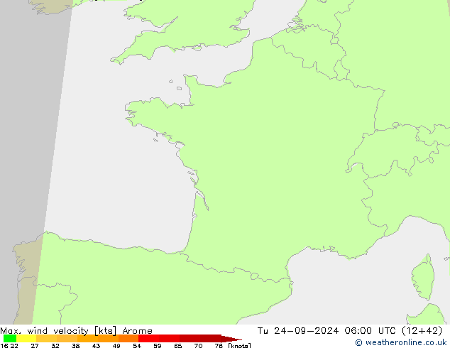 Max. wind velocity Arome mar 24.09.2024 06 UTC