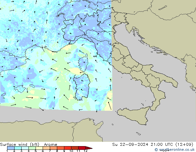 Surface wind (bft) Arome Su 22.09.2024 21 UTC