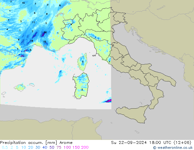 Toplam Yağış Arome Paz 22.09.2024 18 UTC