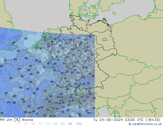 Humedad rel. 2m Arome mar 24.09.2024 03 UTC