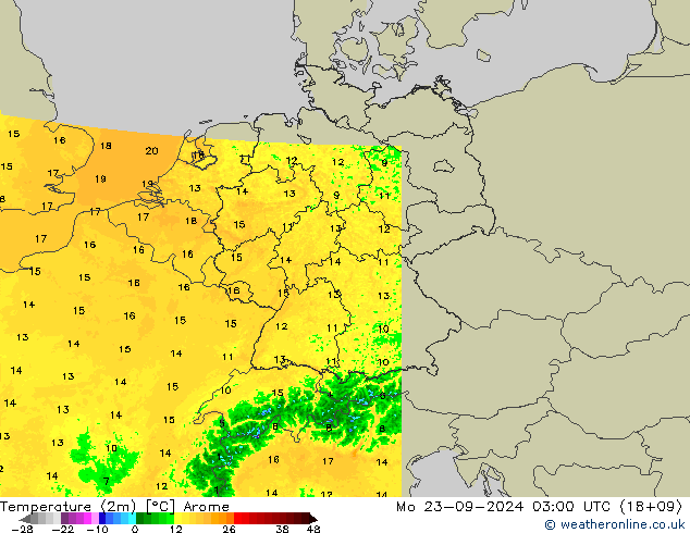 Temperature (2m) Arome Mo 23.09.2024 03 UTC