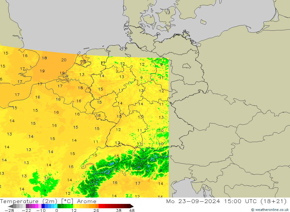 mapa temperatury (2m) Arome pon. 23.09.2024 15 UTC