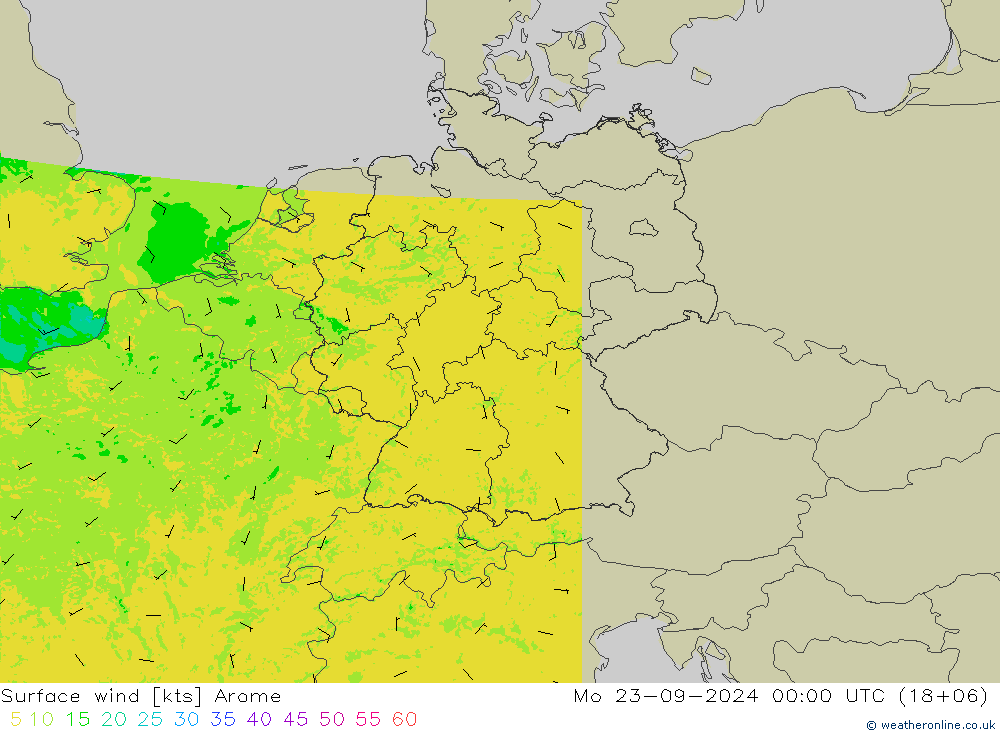 Viento 10 m Arome lun 23.09.2024 00 UTC