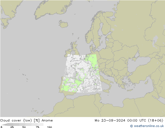 Cloud cover (low) Arome Mo 23.09.2024 00 UTC