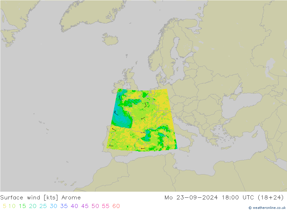 Surface wind Arome Mo 23.09.2024 18 UTC