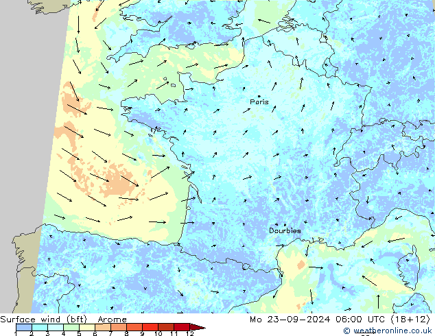 Viento 10 m (bft) Arome lun 23.09.2024 06 UTC