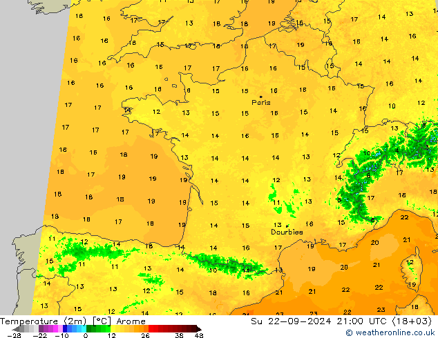 Temperature (2m) Arome Ne 22.09.2024 21 UTC