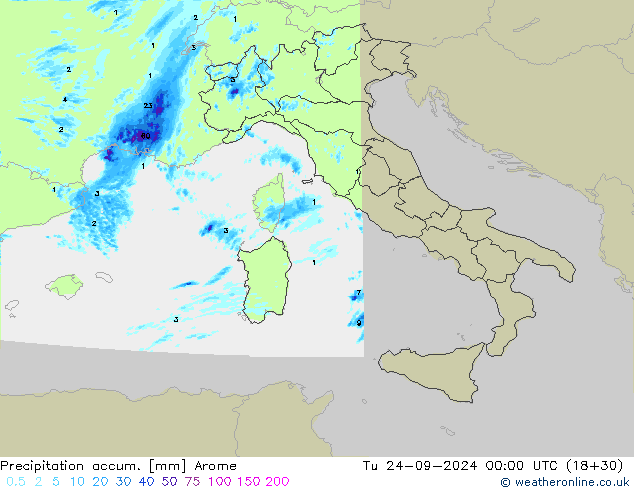 Précipitation accum. Arome mar 24.09.2024 00 UTC