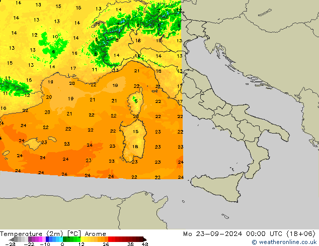 Sıcaklık Haritası (2m) Arome Pzt 23.09.2024 00 UTC