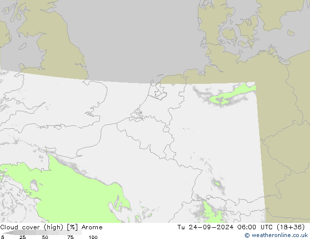 Cloud cover (high) Arome Tu 24.09.2024 06 UTC