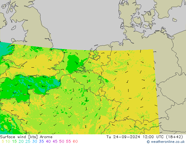 Vento 10 m Arome mar 24.09.2024 12 UTC