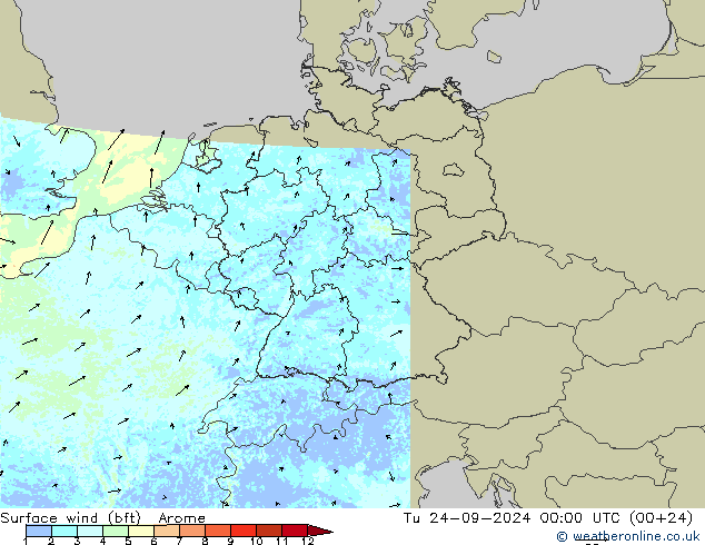 Surface wind (bft) Arome Tu 24.09.2024 00 UTC